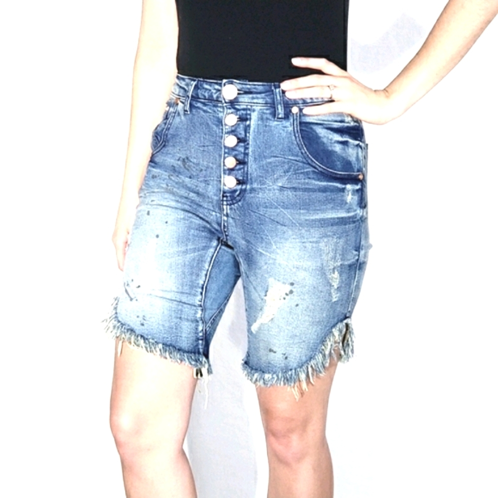 One teaspoon High-Rise Button fly Raw hem Med Wash Distress Fringe Jean Shorts